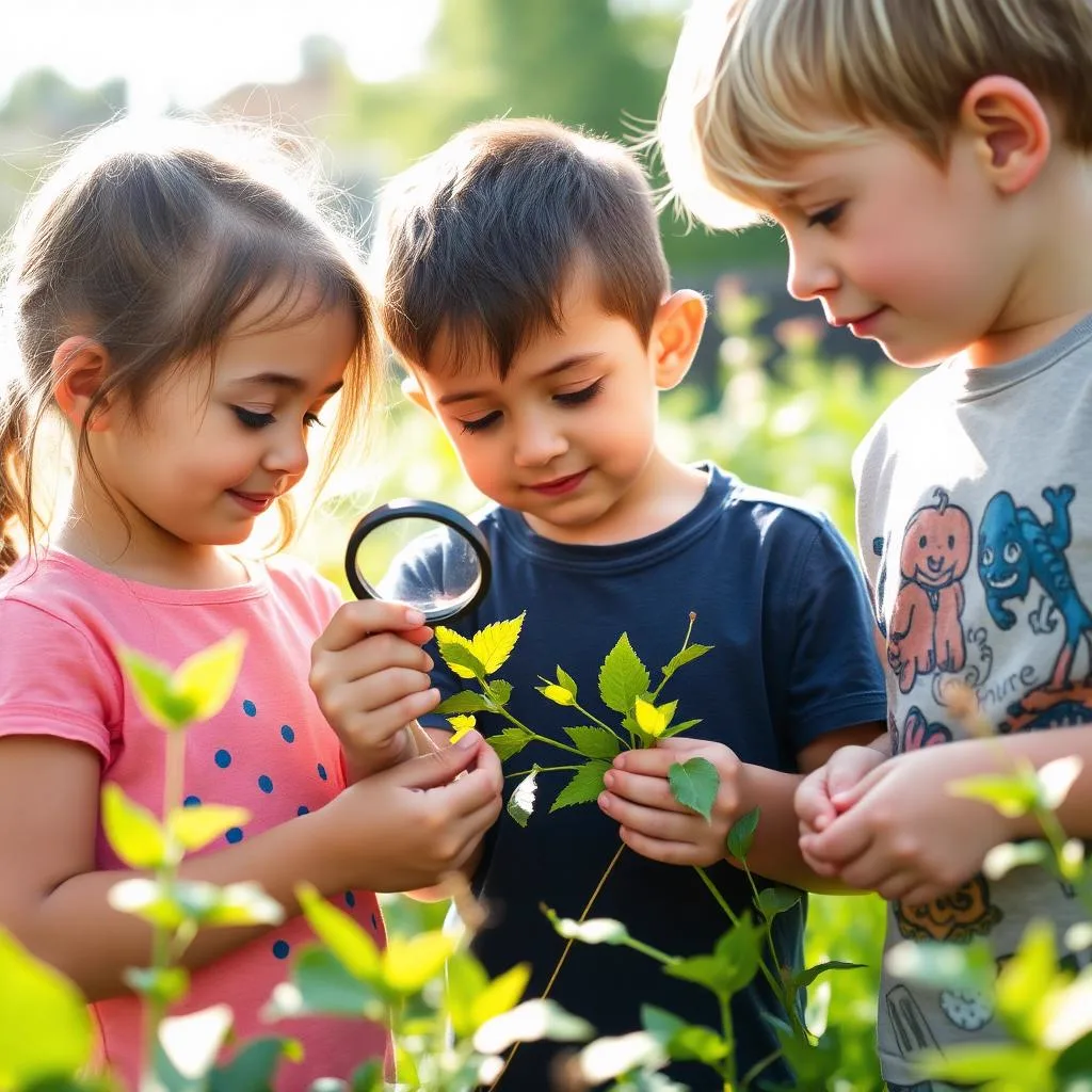 Children examining leaves with a magnifying glass in a sunlit garden